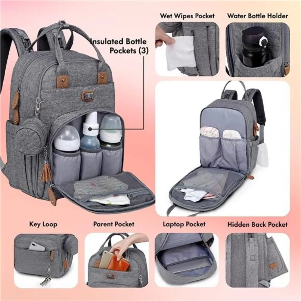 Unisex Polyester Diaper Backpack Daypack with Portable Changing Pad, Gray